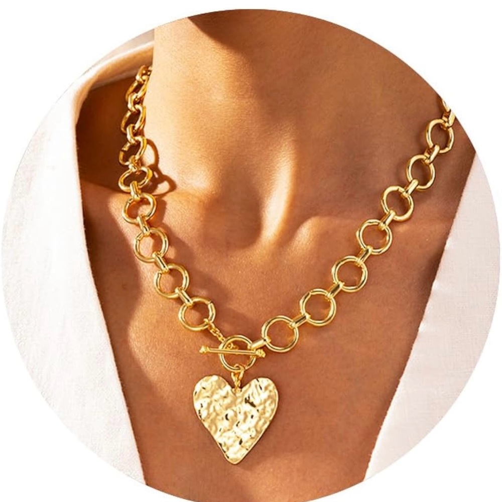 Gold Heart Pendant Necklace Chunky Gold Heart Necklace 14K Gold Plated